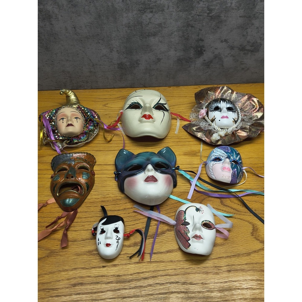💥 Vintage 8 WALL MASK LOT- CLOWNS- VINTAGE MASKS- CERAMIC- BRASS 💥‎